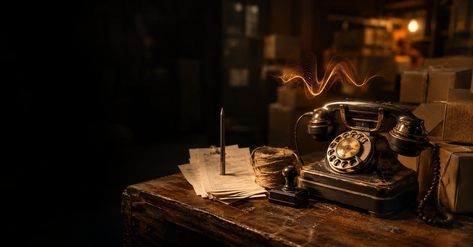 A warm dispatch desk with a rotary phone, cargo boxes, and a shipment ticket.